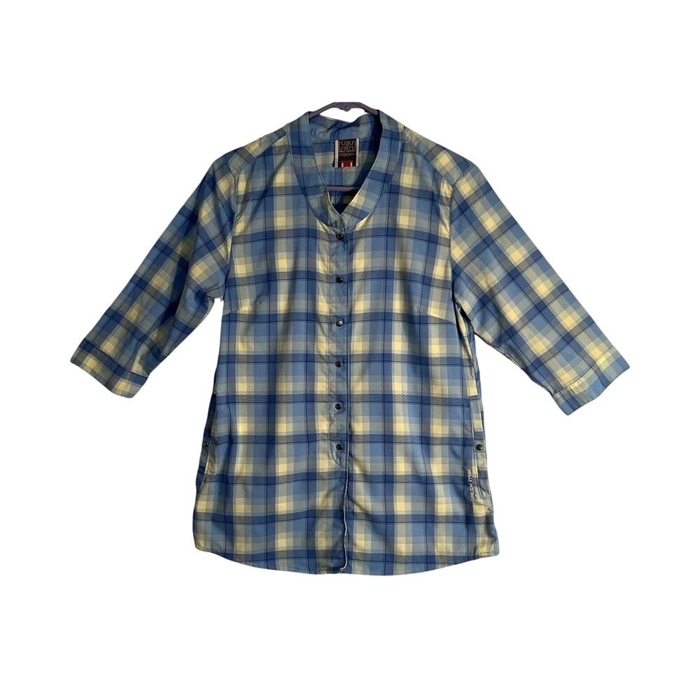 Helly Hansen Top Womens Size S Blue Green Plaid Button Up Hiking 3/4 Sleeve